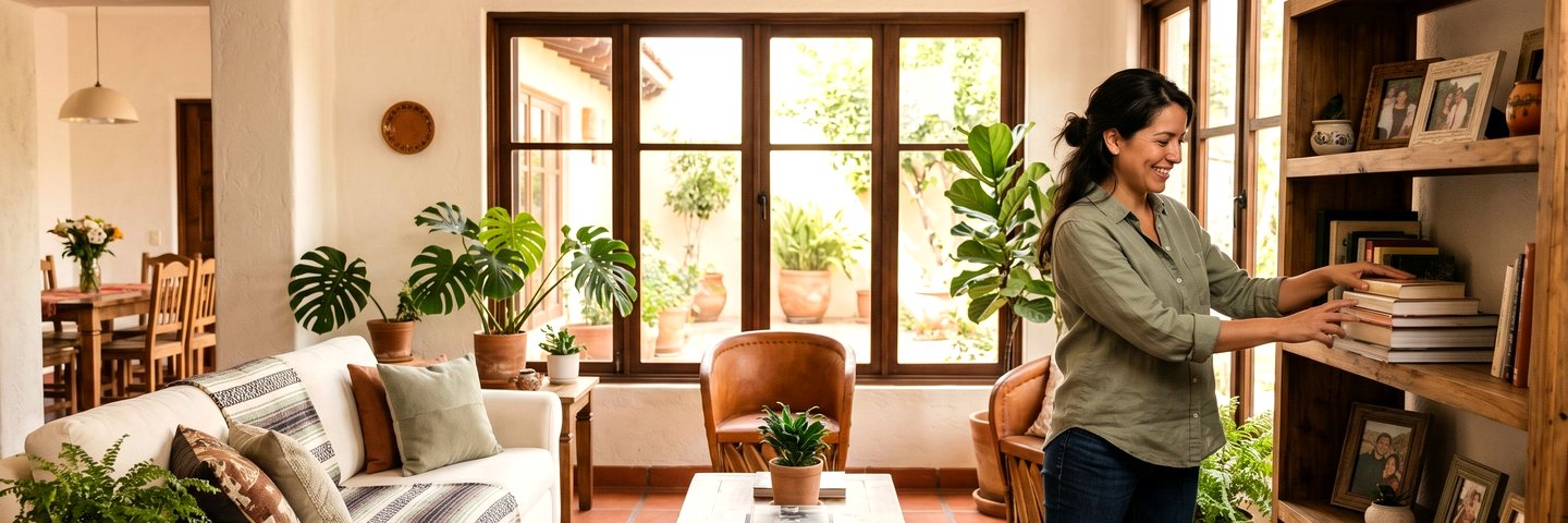 Trabajadora del hogar ordenando sala en hogar mexicano luminoso