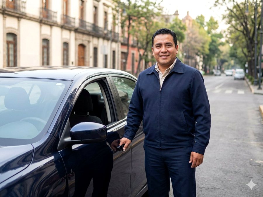 Chofer particular con uniforme junto a vehículo en CDMX