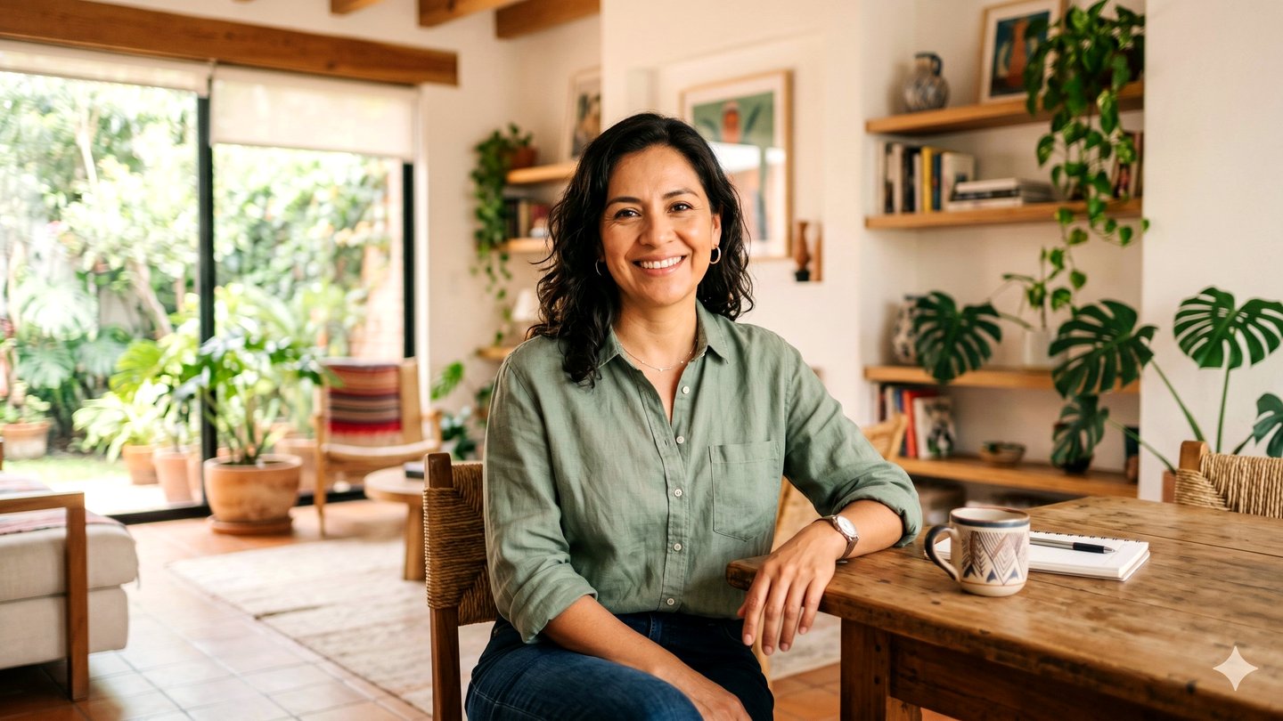 Trabajadora del hogar en hogar mexicano, sonriendo con confianza