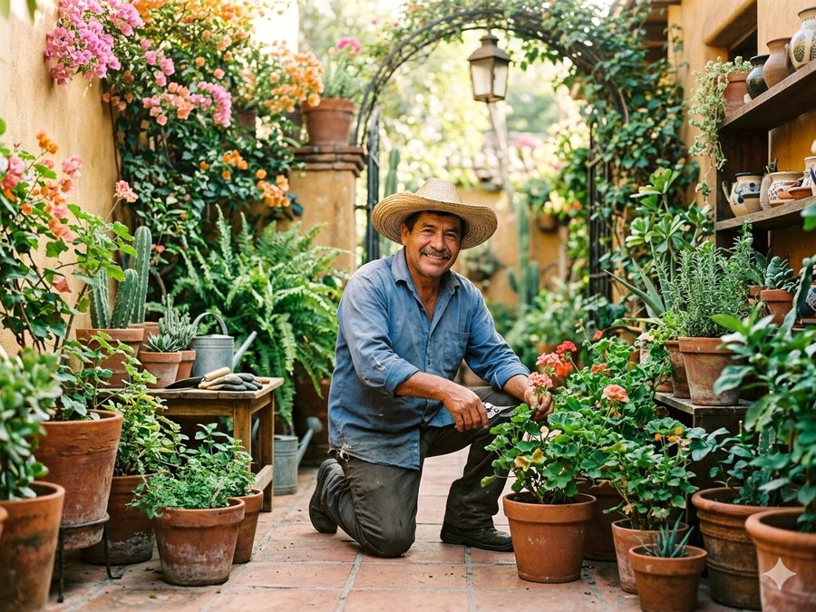 Jardinero trabajando en jardín mexicano