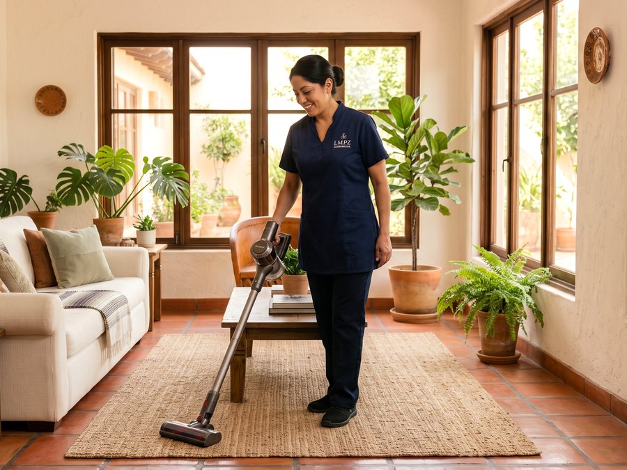 Personal de limpieza con uniforme en hogar mexicano