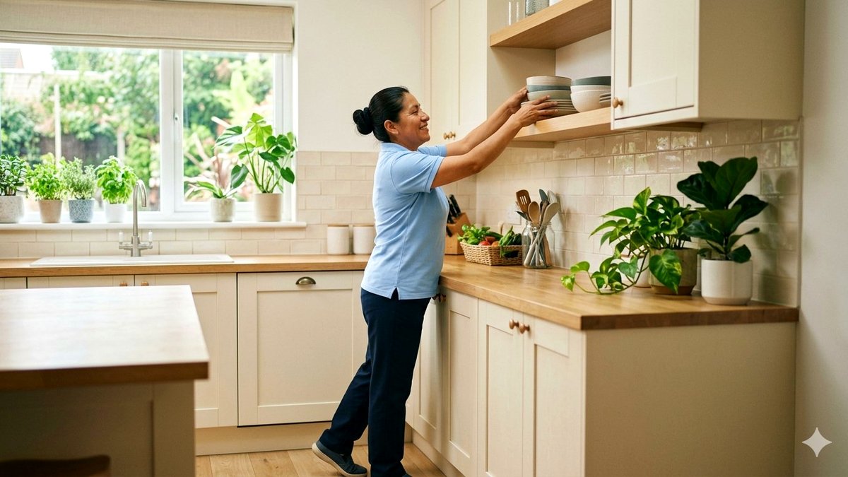 Trabajadora del hogar con uniforme en cocina