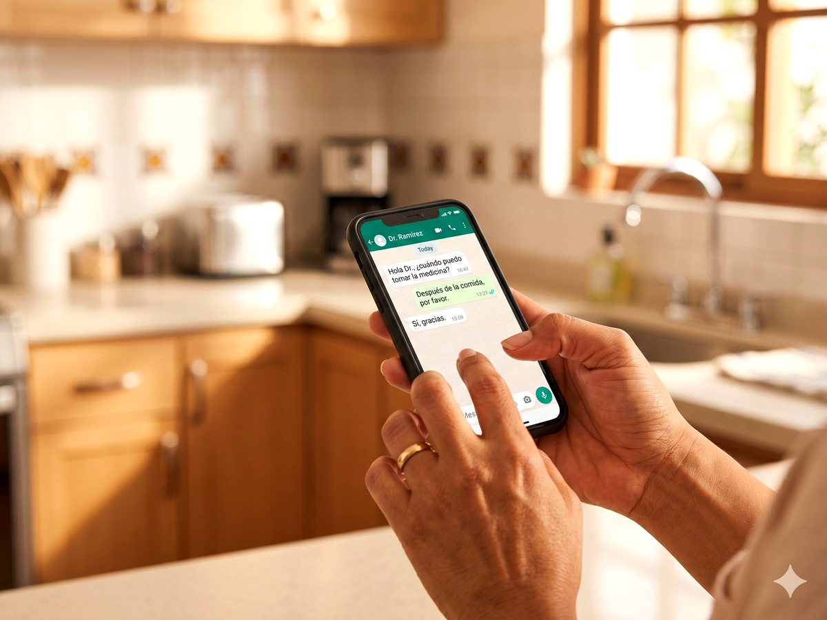Trabajadora del hogar usando WhatsApp para consulta médica desde cocina